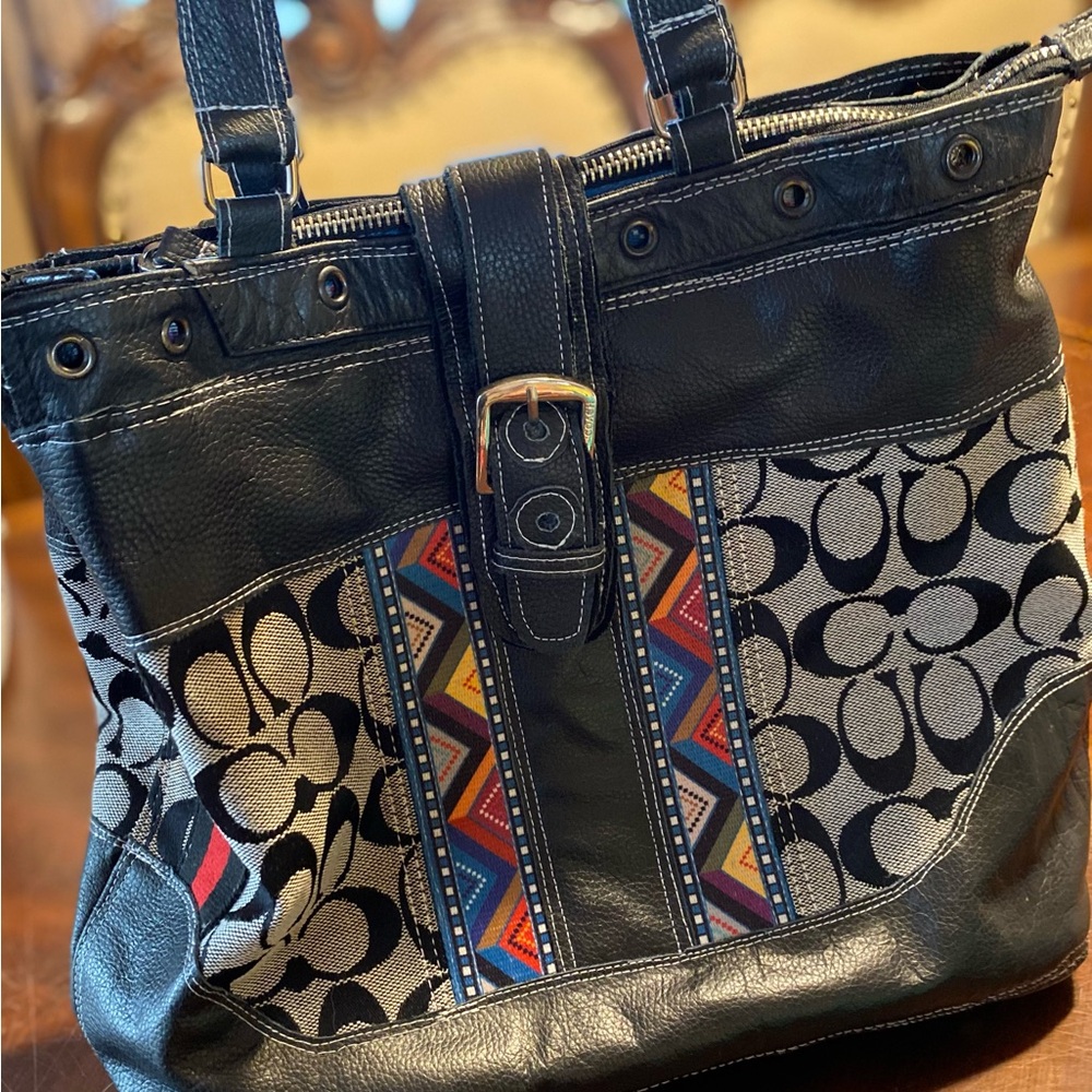 Upcycled Coach Satchel washed and leather added. - Picture 12 of 16